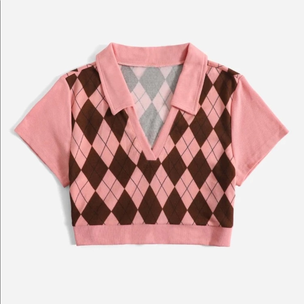 Pink and Brown Argyle Crop Top